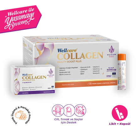 Wellcare  Collagen Beauty Boost Plus  10.000 mg Likit Form  30 Tüp & 30 Silisyum Kapsül  Frenk Üzümü-Portakal Aromalı