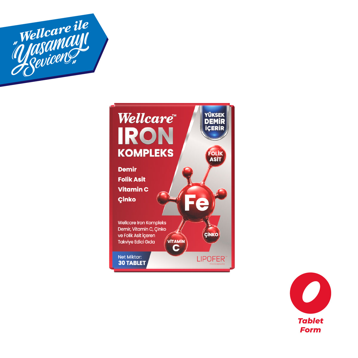 Wellcare Iron Kompleks Demir Vitamin C , Çinko ve Folik Asit İçeren Takviye Edici Gıda - 30 Tablet