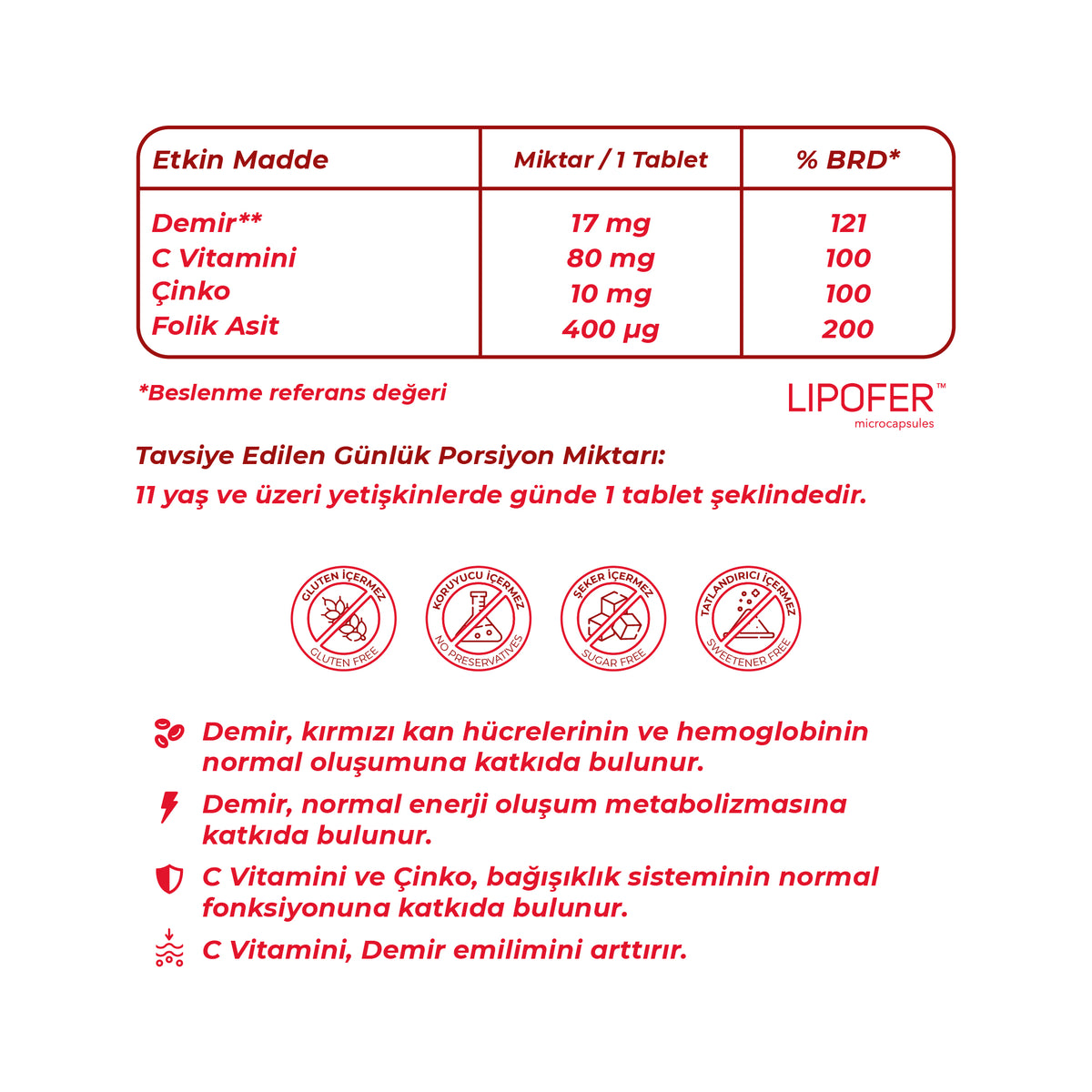 Wellcare Iron Kompleks Demir Vitamin C , Çinko ve Folik Asit İçeren Takviye Edici Gıda - 30 Tablet