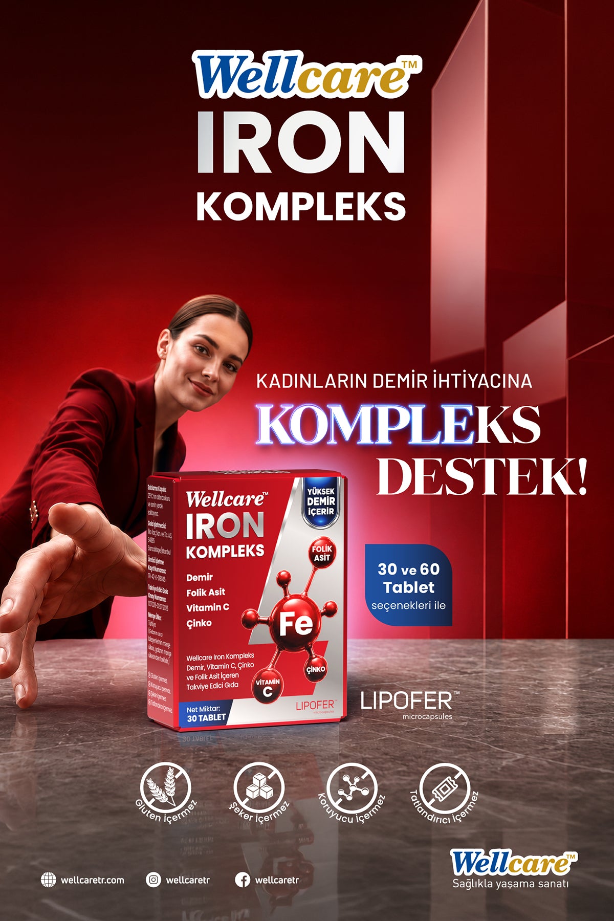 Wellcare Iron Kompleks Demir Vitamin C , Çinko ve Folik Asit İçeren Takviye Edici Gıda - 30 Tablet