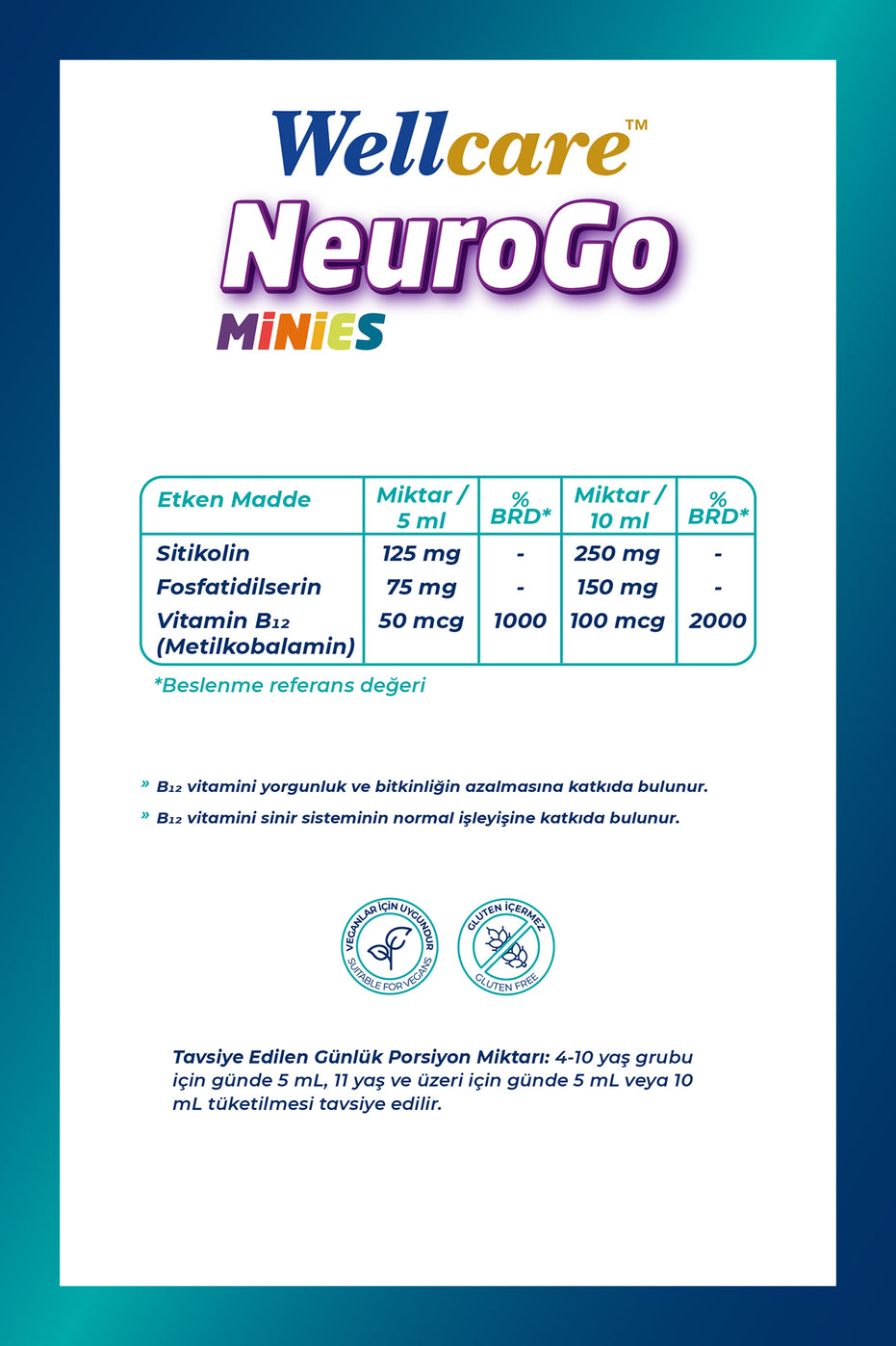 Wellcare Neurogo Minies Sitikolin, Fosfotidilserin, Vitamin B12 İçeren Sıvı Takviye Edici Gıda
