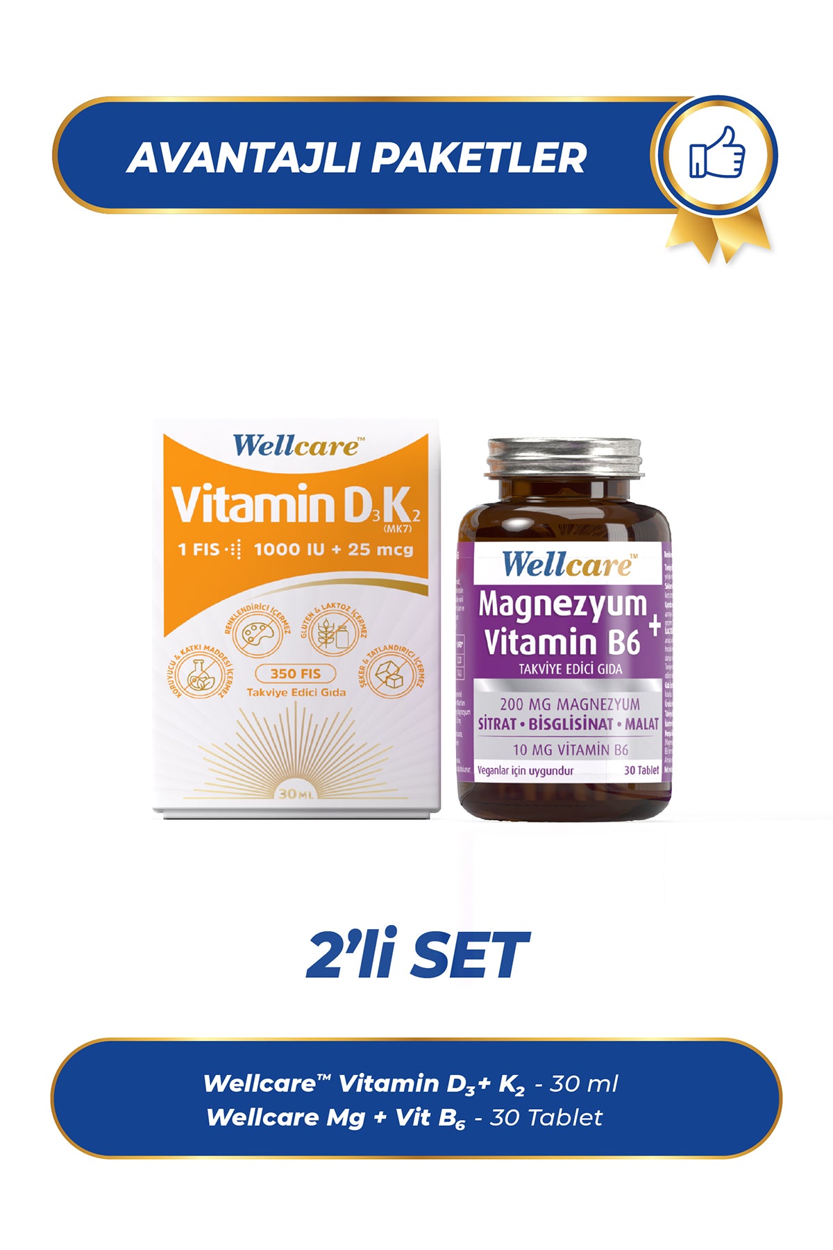 Wellcare 2'li Set - D3 + Vitamin K2 - 30 ML & Magnezyum + Vitamin B6 - 30 Tablet
