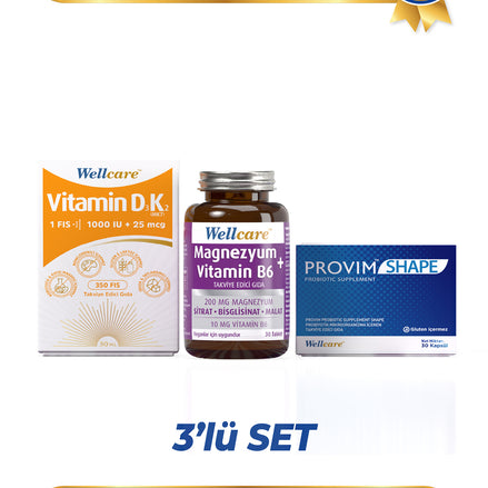 Wellcare 3'lü Set - D3 + Vitamin K2 - 30 ML & Magnezyum + Vitamin B6 - 30 Tablet & Provim Shape Probiyotik 30 Kapsül