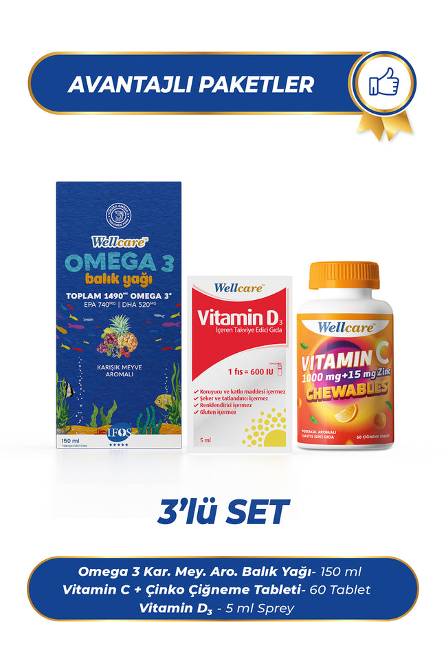 Wellcare 3'lü Set - Vitamin D3 600 IU - 30 ML & Omega 3 Karışık Meyve Aromalı Balık Yağı - 150 ML & Vitamin C 1000 mg + 15 mg Zinc Çiğneme Tableti 60 Tablet