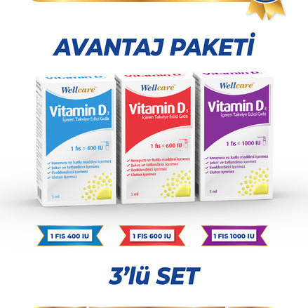 Wellcare D3 Vitamini 3'lü Set - Vitamin D3 400 IU 5 ML & Vitamin D3 600 IU 5 ML &Vitamin D3 1000 IU 5 ML